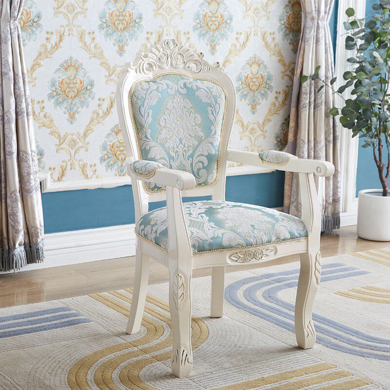 French Country Accent Armchair, Blue Floral Upholstered Dining Chair with Solid Wood Carved Frame, Vintage Fabric Desk Chair for Living Room, Bedroom, Vanity, Cafe, Hotel, and Reception Seating