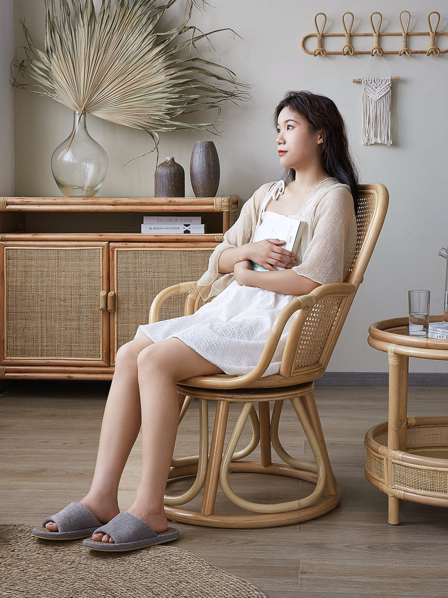 Natural Rattan High Back Swivel Armchair for Living Room