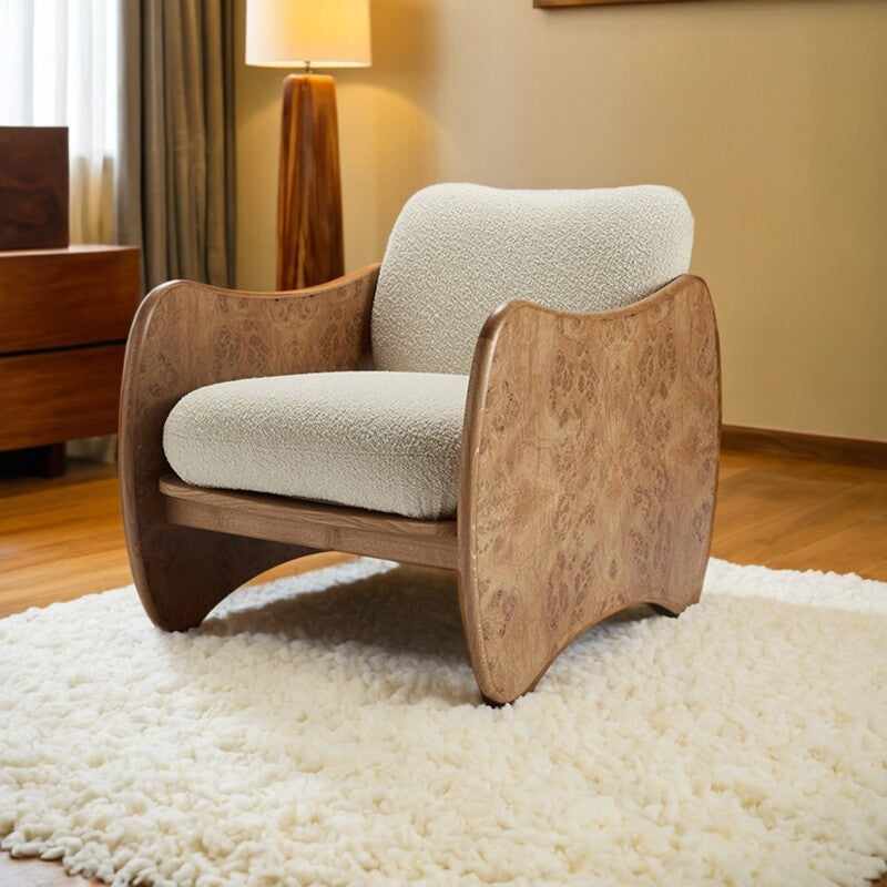 Modern Beige Boucle Accent Chair, Solid Ash Wood Lounge Armchair with Curved Side Panels, Upholstered Sherpa Single Sofa Chair for Living Room, Bedroom, Apartment, Hotel Lobby