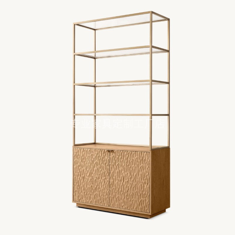 Wood and Metal Etagere Bookcase, Open Display Shelf with Lower Storage Cabinet for Living Room, Dining Room, Office, Hotel, Villa, Natural Finish