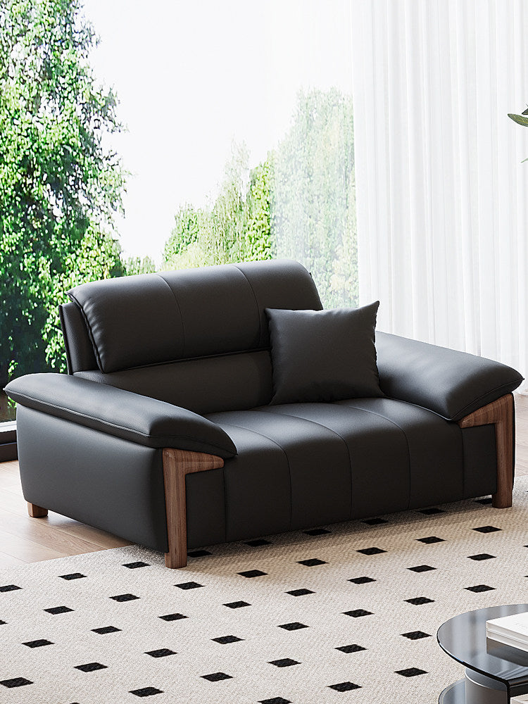 Black Top-Grain Leather Oversized Accent Chair, Deep-Seat Upholstered Lounge Armchair with Wide Pillow Arms, Lumbar Cushion and Solid Larch Wood Frame for Living Room, Bedroom and Office