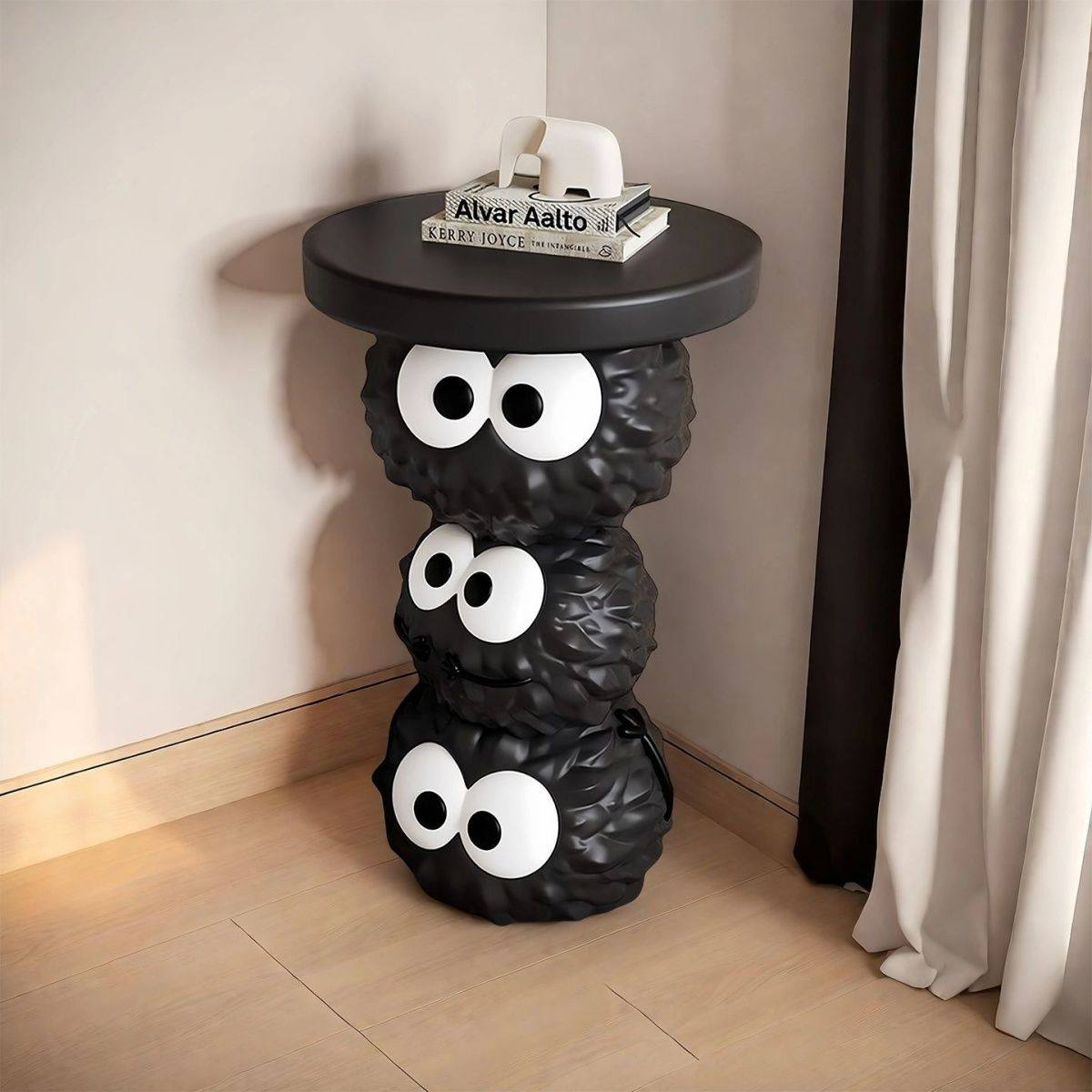 Black Big-Eyed Creature Side Table with Round Top, Resin Cartoon Accent End Table with Rear Coin Slot for Living Room, Bedroom, Nursery, Sofa Side and Small Spaces