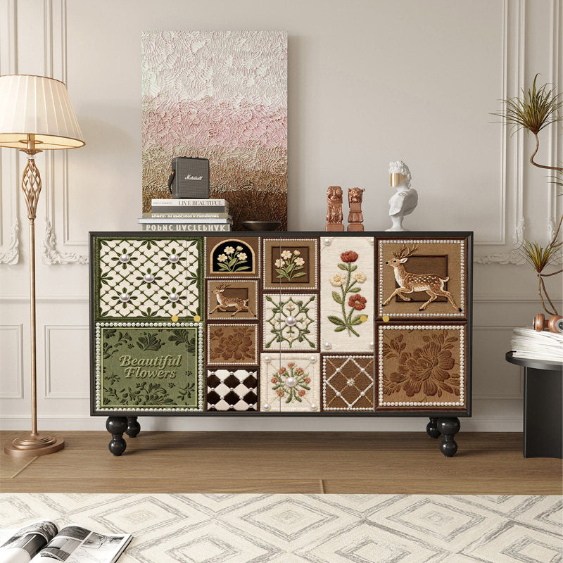 French Style Hand Painted Floral Deer Sideboard Cabinet, 120cm Solid Wood Accent Storage Cabinet, Decorative Entryway Console, Dining Room Buffet, Living Room Credenza