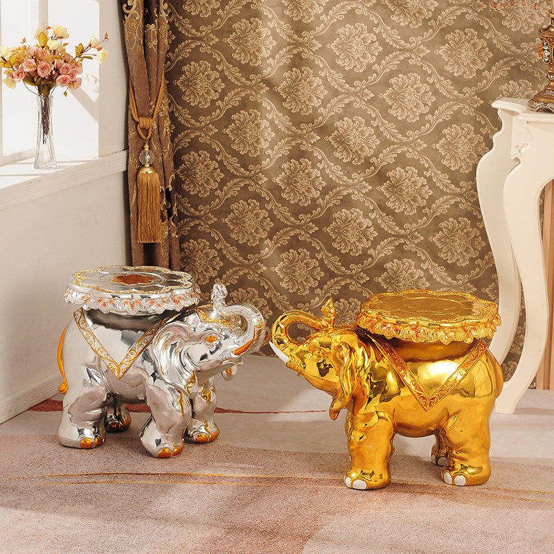 Gold Elephant Stool, Large Decorative Elephant Side Table, Lucky Elephant Accent Stool with Raised Trunk, Luxury Animal Figurine Stand for Living Room, Entryway, Bedroom, Housewarming Gift