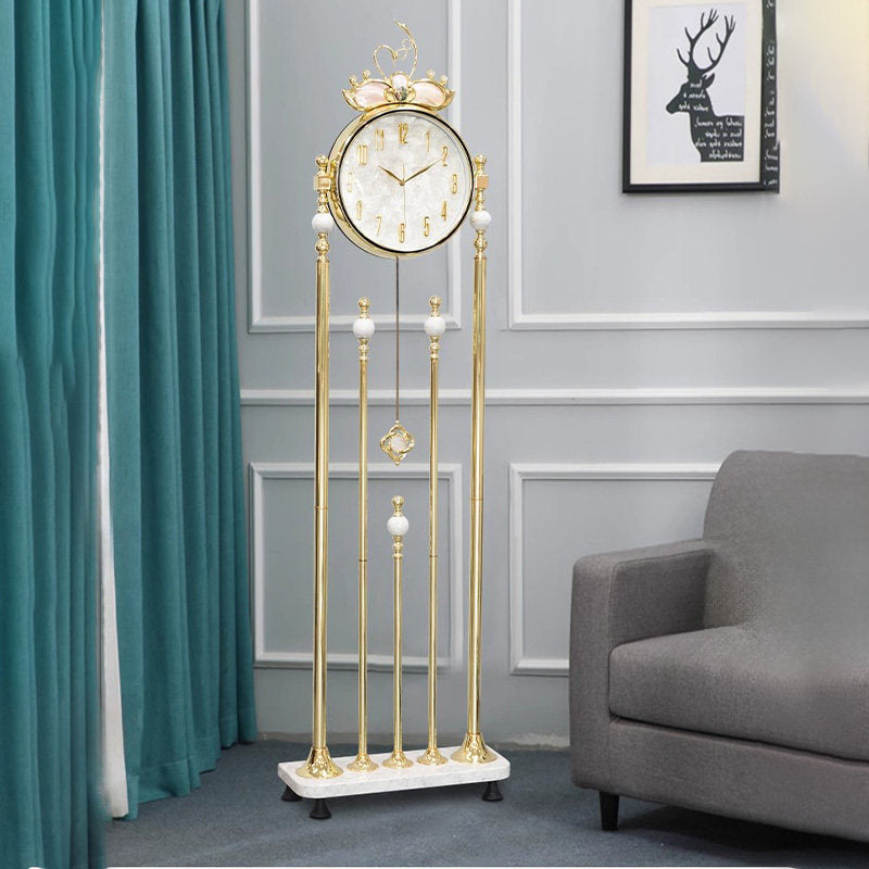 Gold Floor Clock with Marble Base, Shell Dial and Decorative Pendulum