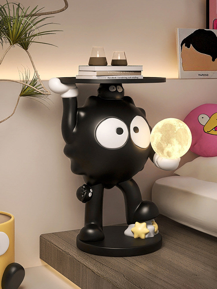 Black Resin Cartoon Character Floor Lamp Side Table with Round Wood Tray and Illuminated Moon Globe, Sculptural Bedside End Table for Living Room and Bedroom