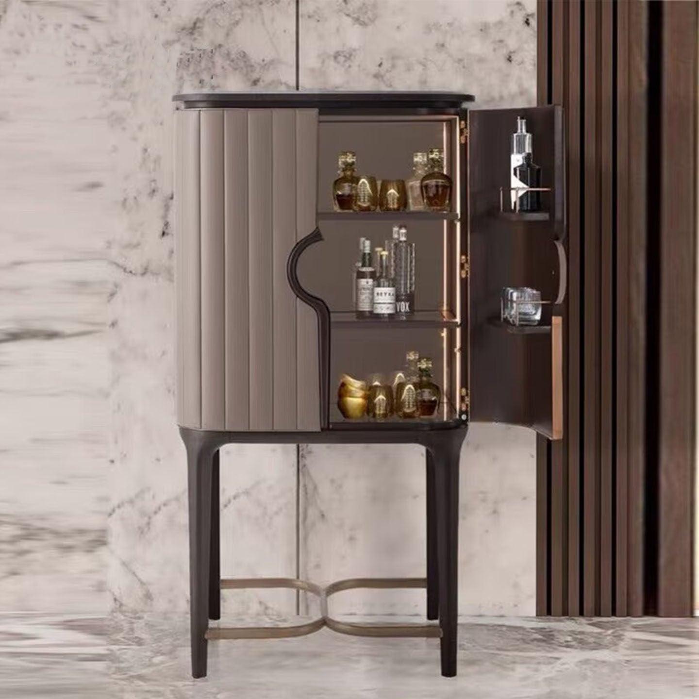 Tall Wine Bar Cabinet, 63 Inch Fluted 2 Door Storage Cabinet with High Metal Legs, Modern Luxury Home Bar Cabinet for Living Room, Dining Room, Entryway, Lounge, Hotel