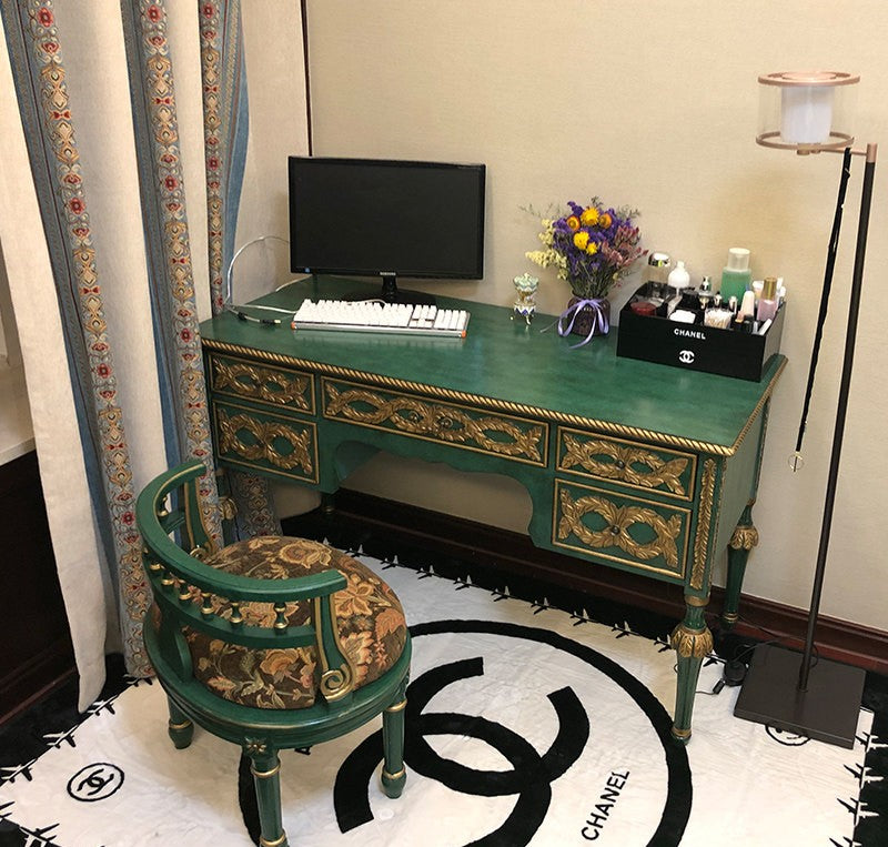 Green Solid Wood Writing Desk with 5 Drawers and Gold Accents