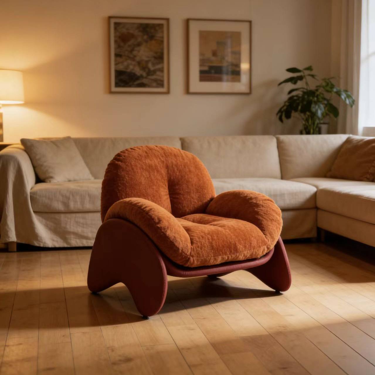Rust Brown Upholstered Lounge Chair, Sculptural Curved Base