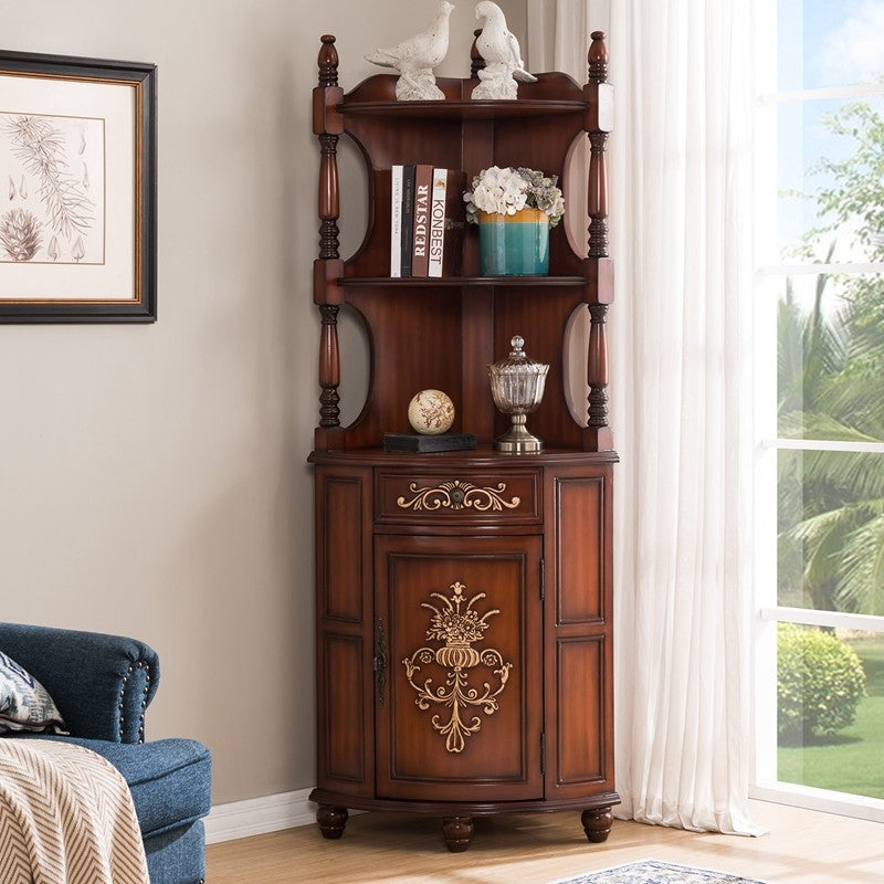 Solid Wood Corner Cabinet with Shelf, Carved Accent Storage Cabinet for Living Room, Entryway & Dining Room, Brown Finish