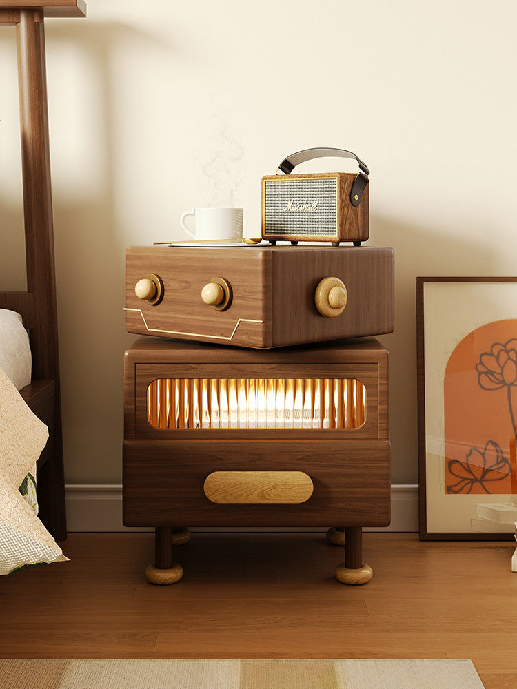 Solid Wood Robot Nightstand with Rotating Top, Walnut Bedside Table with Drawer, Ambient Light Display Cabinet, Modern End Table for Bedroom, Living Room & Apartment