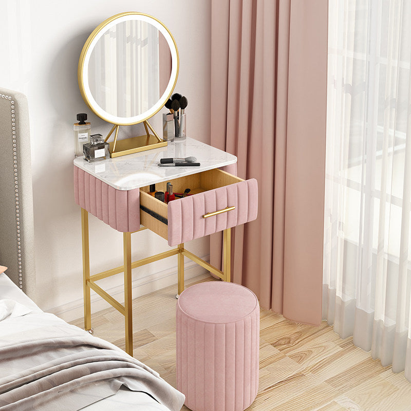 Pink Vanity Table Set with Lighted Round Mirror, Drawer, Stool, Gold Frame