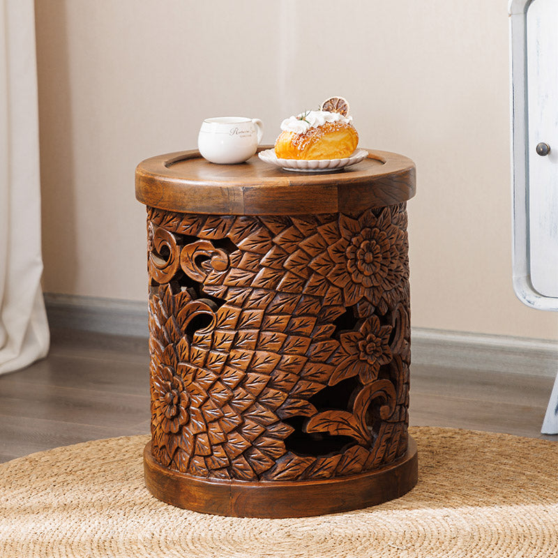 Solid Wood Carved Round Stool, Rustic Floral Drum Stool, Decorative Wooden Side Table, Entryway Shoe Bench, Plant Stand, Footstool, and Accent Seat for Living Room, Bedroom, Porch, and Balcony