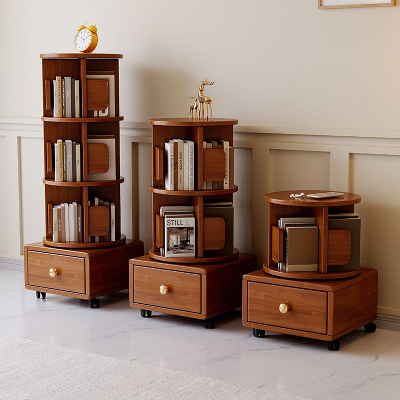 35-Inch Solid Wood Rotating Bookshelf with Drawer and Wheels