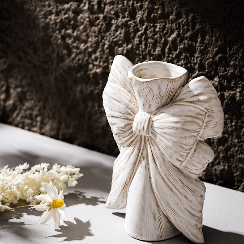 White Bow Ceramic Vase for Dried Flowers, Decorative Tabletop Flower Holder