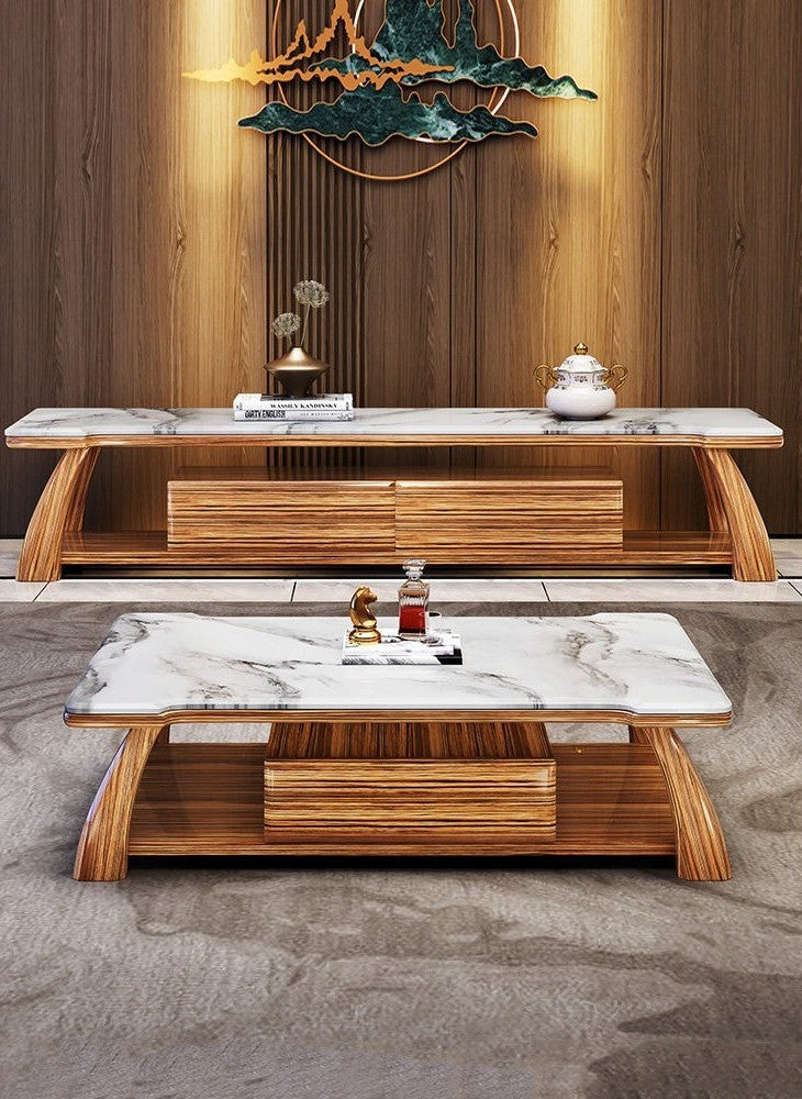 Solid Zingana Wood Coffee Table with Natural Marble Top, Modern Rectangular Center Table with Open Shelf Storage, Luxury Living Room Cocktail Table
