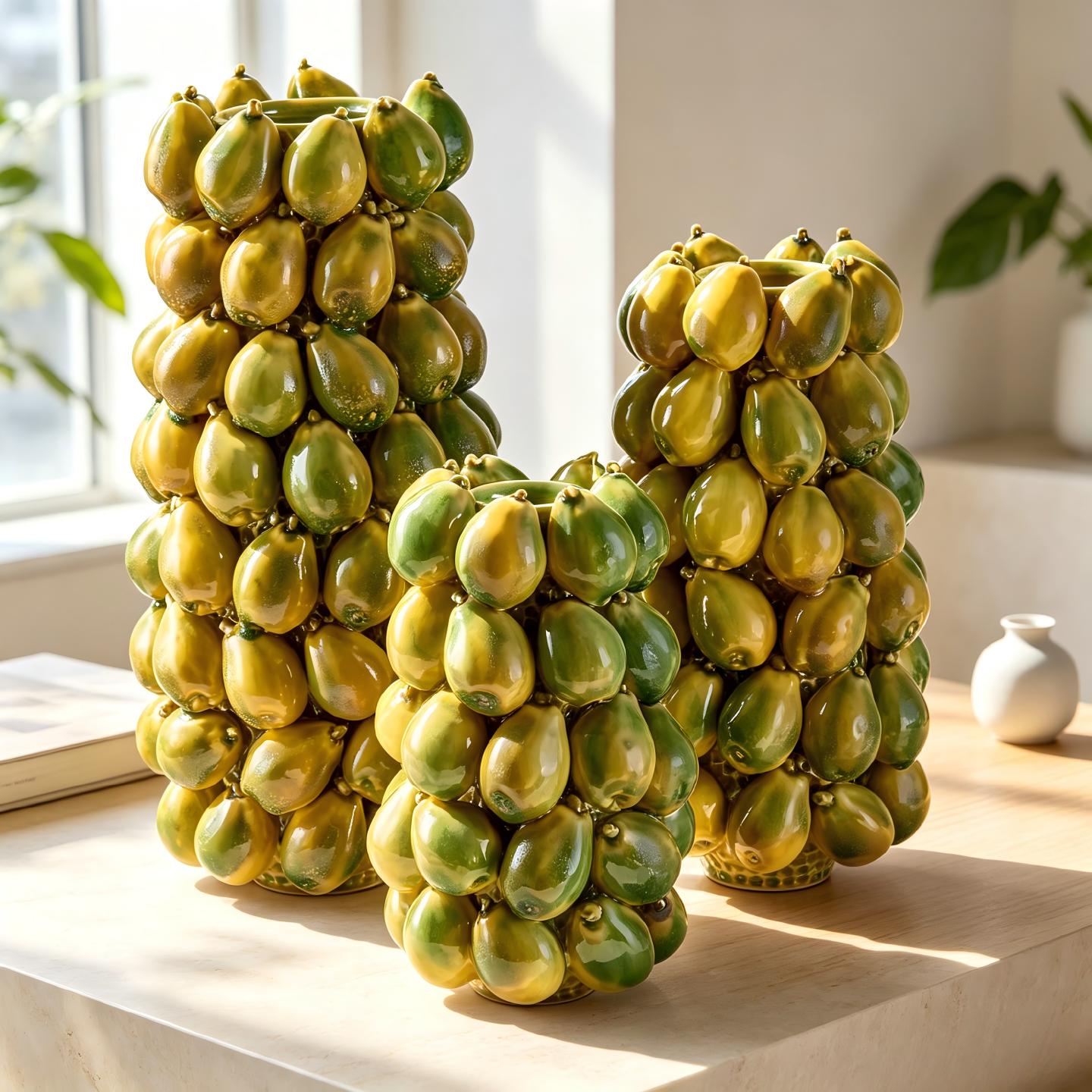 Set of 3 Green and Gold Pear Ceramic Vases, Glossy Fruit-Shaped Decorative Planters in 12.2, 16.1 and 20.1-Inch Heights, Sculptural Floor and Tabletop Accents for Living Room, Entryway, Bedroom, Hotel and Office