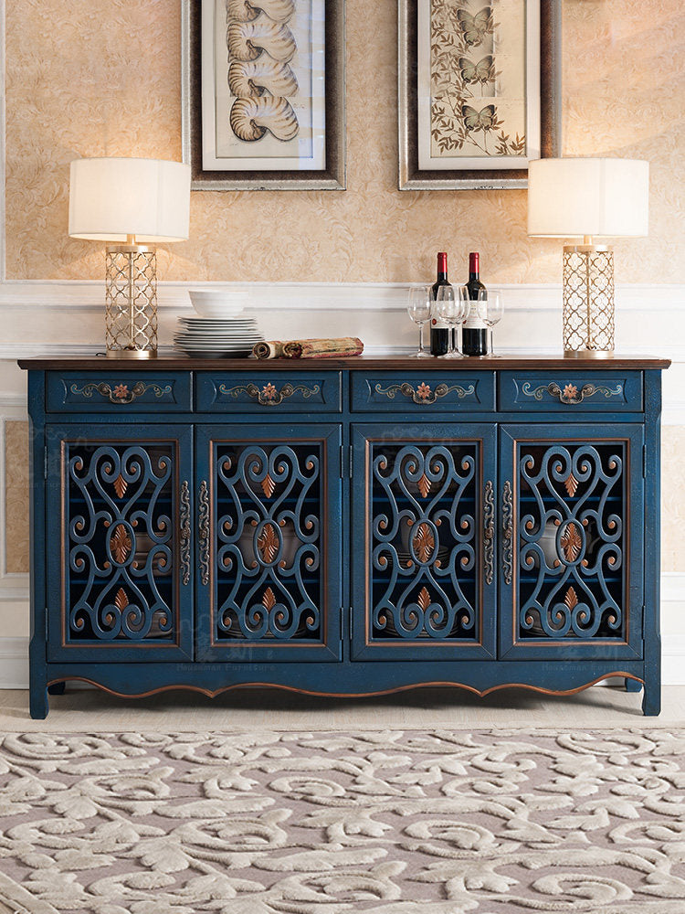 Distressed Blue Sideboard Cabinet, 4 Door Wood Buffet Credenza with Drawers, Crackle Finish Storage Cabinet for Living Room, Dining Room, Entryway and Hallway