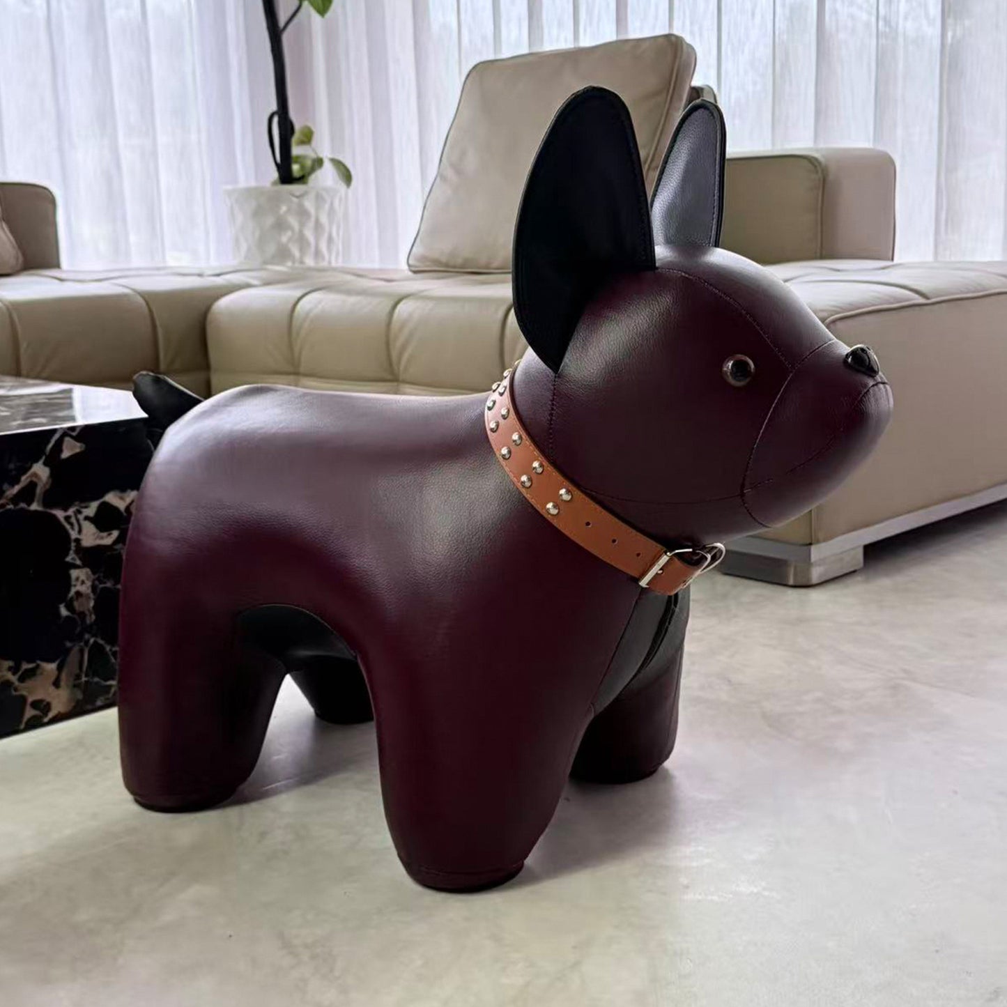 Burgundy Top-Grain Cowhide French Bulldog Floor Sculpture, Oversized Leather Dog Statue with Studded Collar, Freestanding Animal Decor for Living Room, Entryway, Office and Housewarming Gift