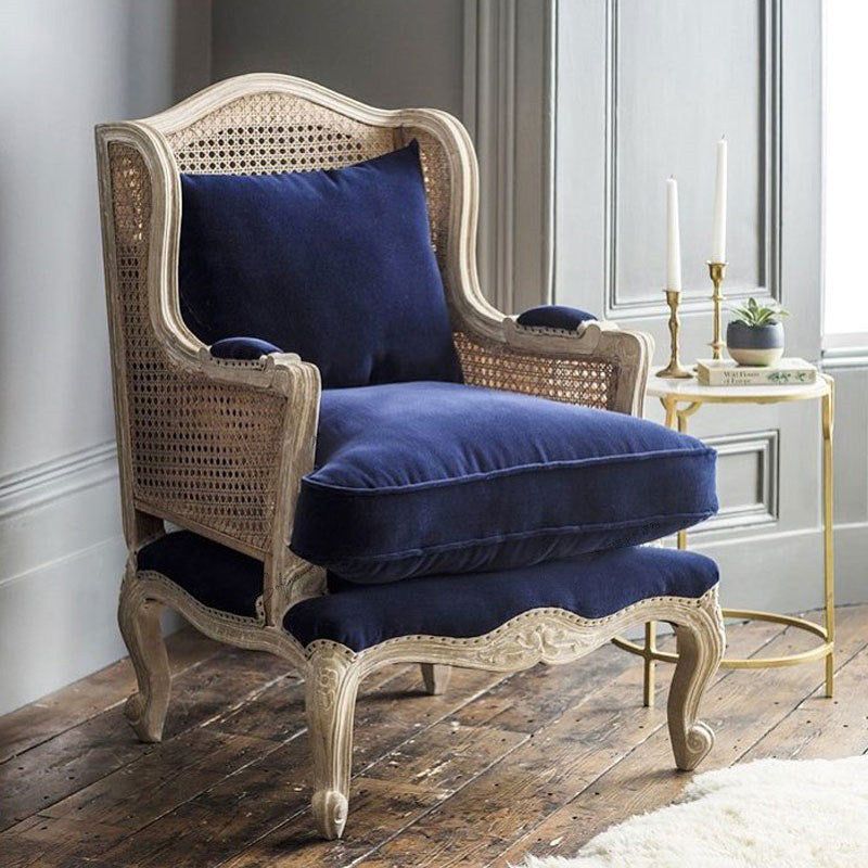 French Country Wingback Accent Chair – Luxury Solid Wood Cane Back Velvet Lounge Chair for Living Room, Bedroom & Reading Nook