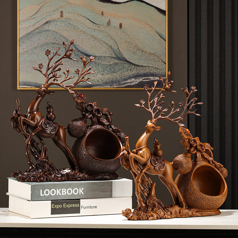 Brown Resin Deer Key Holder Bowl with Decorative Antlers