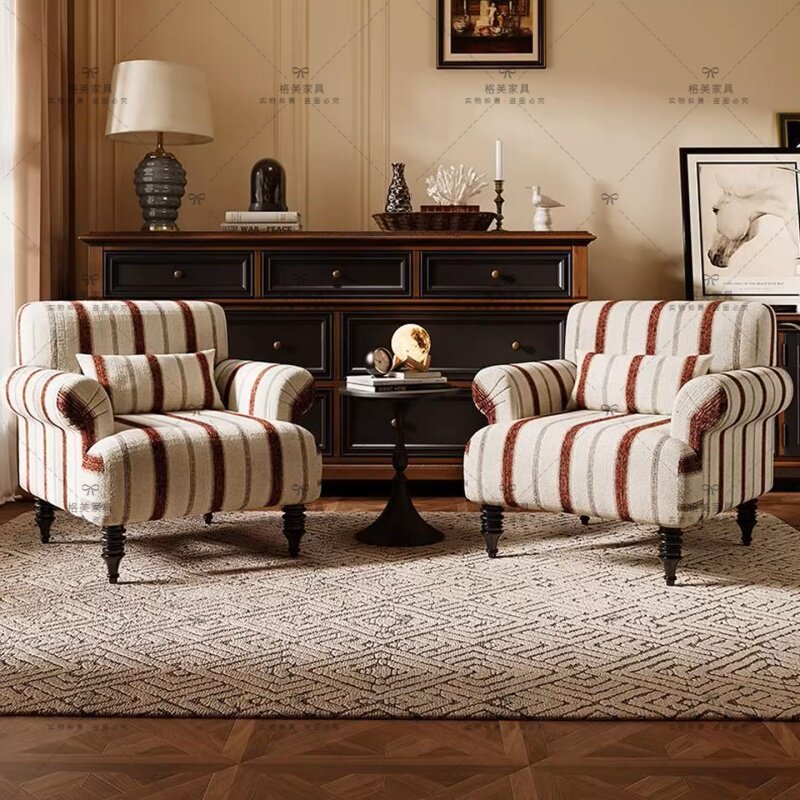 French Country Stripe Accent Chair, Linen Upholstered Tiger Chair with Solid Wood Frame, Vintage Lounge Armchair for Living Room, Bedroom & Reading Nook