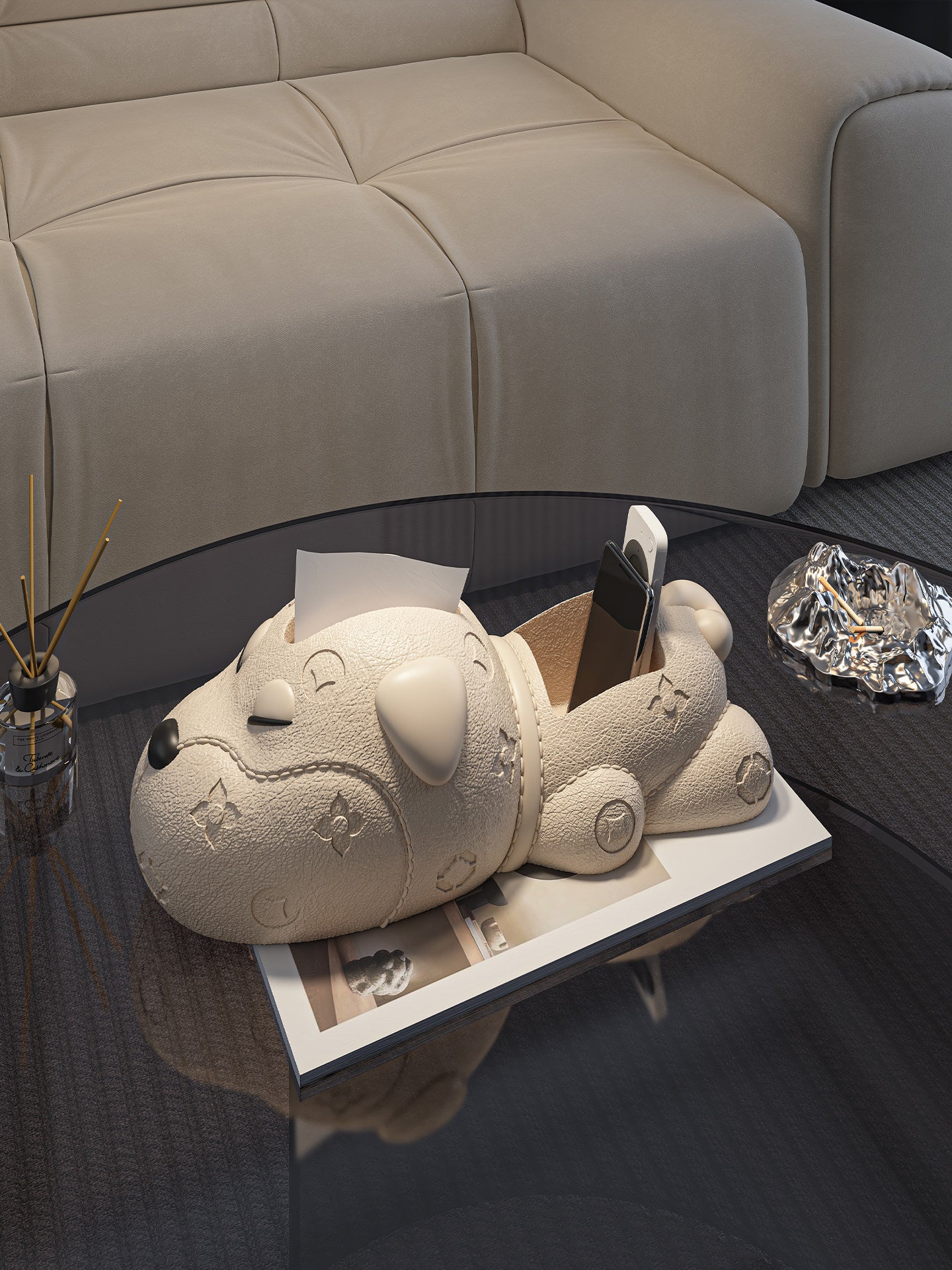 Beige Leather-Texture Dog Tissue Box Holder with Large Tissue Compartment and Dual Remote Control Storage Slots, Decorative Puppy Organizer for Living Room Coffee Table, Bedroom and Office