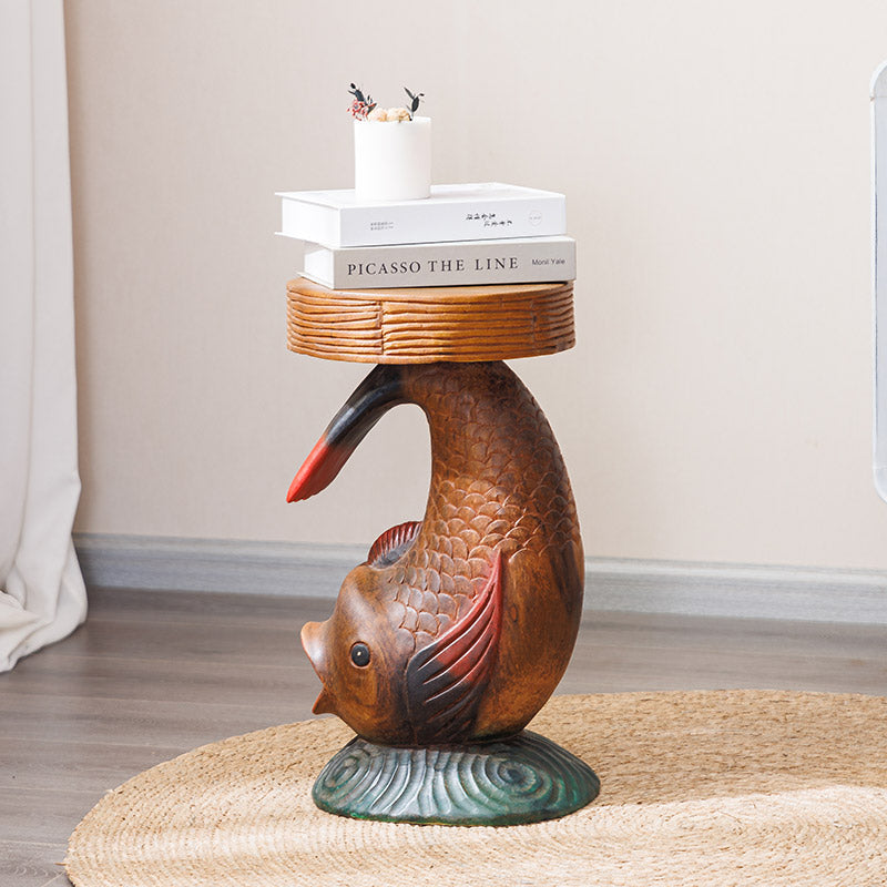 Brown Solid Wood Koi Fish Stool, Carved Side Table