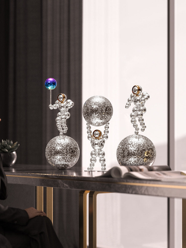 Astronaut Metal Sculpture with Moon Base, Modern Space Desk Decor