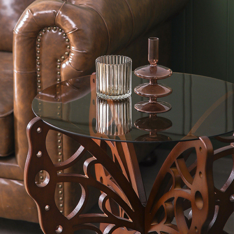 Brown Round Glass Side Table, Solid Wood Butterfly Base