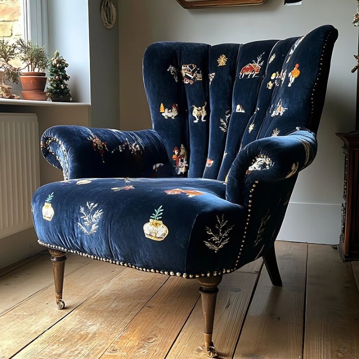 Navy Blue Velvet Wingback Accent Chair with Solid Wood Legs