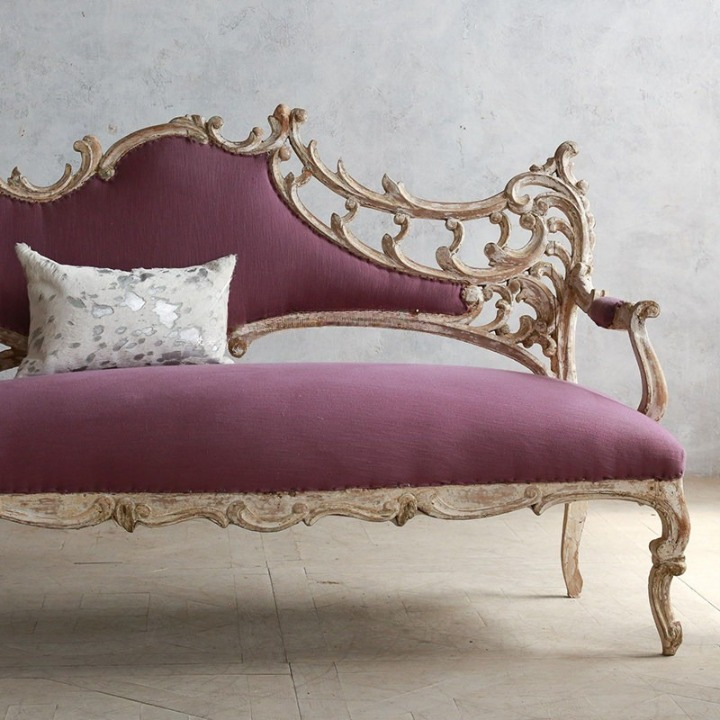 Pink Upholstered Carved Wood Settee, Distressed White Frame