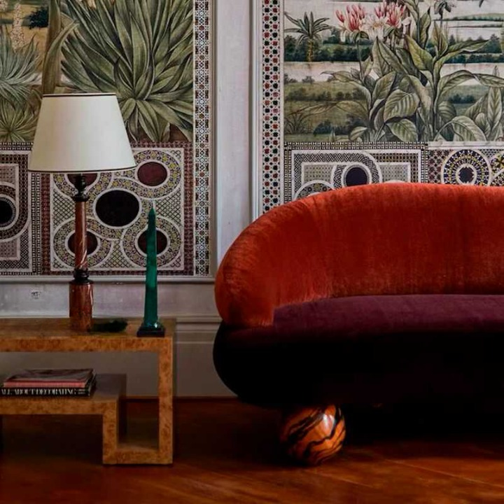 Curved Velvet Sofa, Burgundy Lounge Couch with Crescent Back