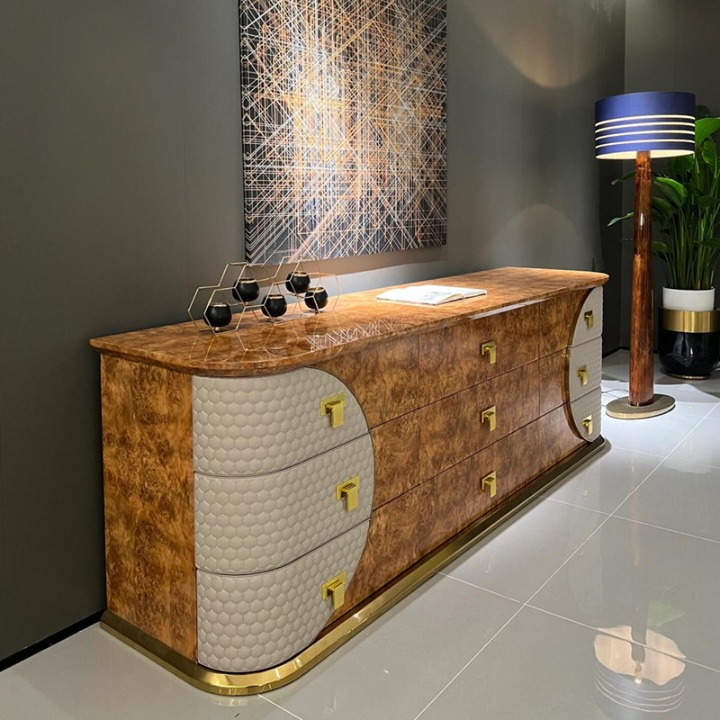 Modern 9-Drawer Dresser with Burl Wood Finish and Gold Accents