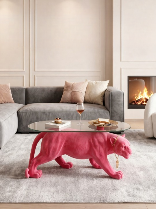 Pink Flocked Leopard Glass Coffee Table, Sculptural Animal Base Accent Side Table with 8mm Smoked Tempered Glass Top, Modern Statement Center Table for Living Room, Lounge, Bar and Apartment