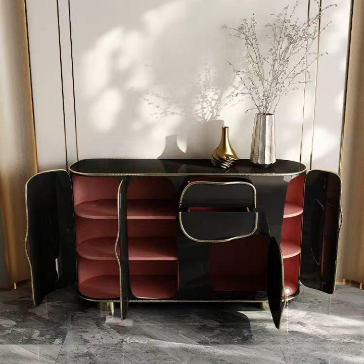 Black 4-Door Sideboard Cabinet with Gold Trim and Rounded Corners
