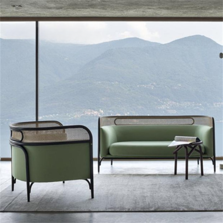 Sage Green Accent Chair with Cane Back, Upholstered Barrel Armchair with Black Frame, Modern Rattan Lounge Chair for Living Room, Bedroom, Cafe, Hotel Lobby, Reception Area