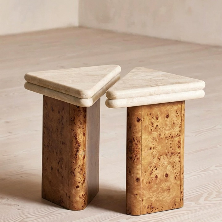 Modern Travertine Side Table, Wabi Sabi End Table with Sculptural Wood Base, Minimalist Accent Table for Living Room, Bedroom, Sofa Side, Corner, Small Apartment