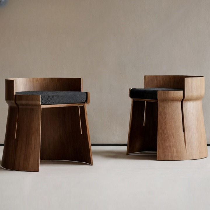 Walnut Brown Solid Wood Vanity Stool with Backrest and Cushioned Seat