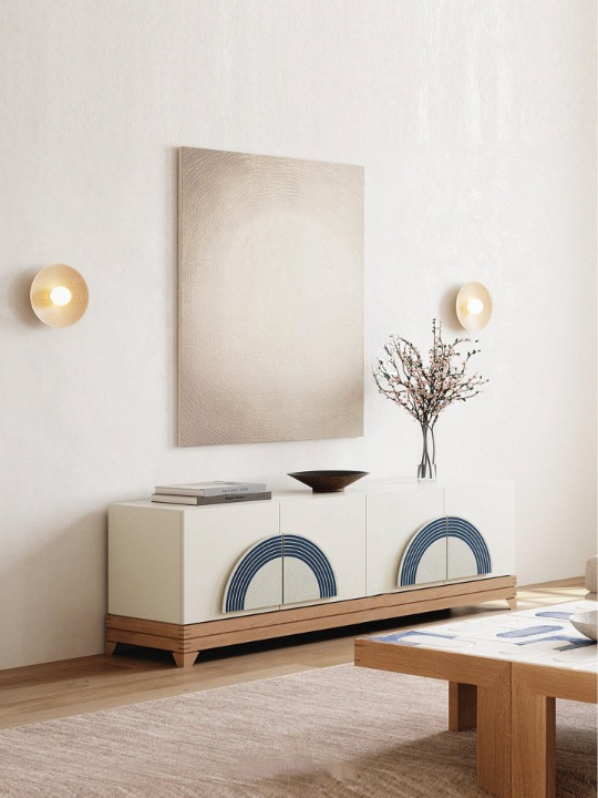 White Solid Wood Sideboard Cabinet, 4 Door Storage Cabinet with Blue Arch Pattern, Modern Cream Buffet Cabinet, Living Room Credenza, Dining Room Cabinet and Entryway Console