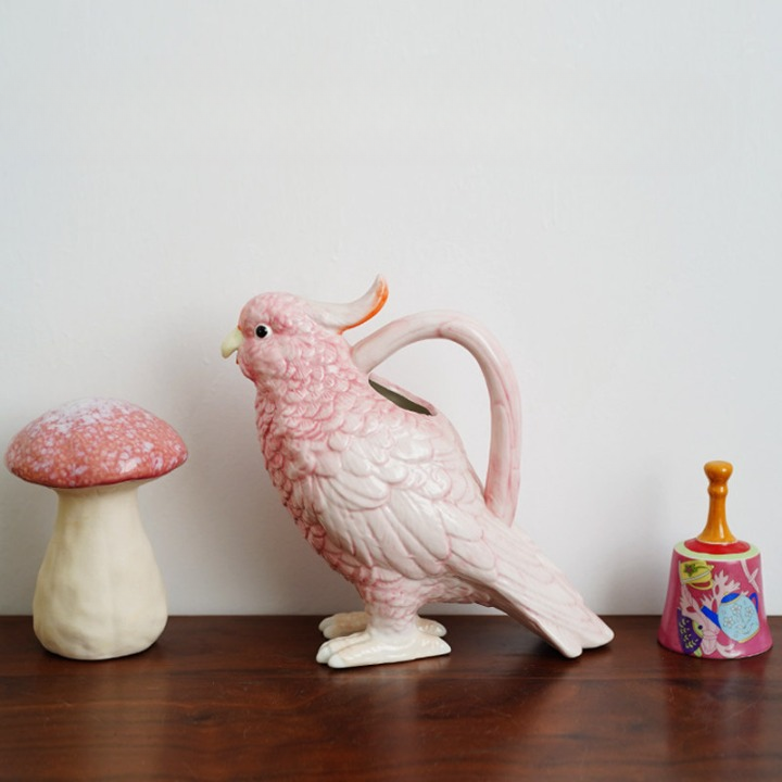 Pink Ceramic Parrot Pitcher, Hand Painted Bird Water Jug, 11.8 Inch Decor