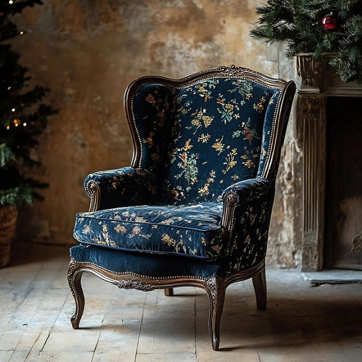 Blue Floral High Back Accent Chair with Carved Solid Wood Frame