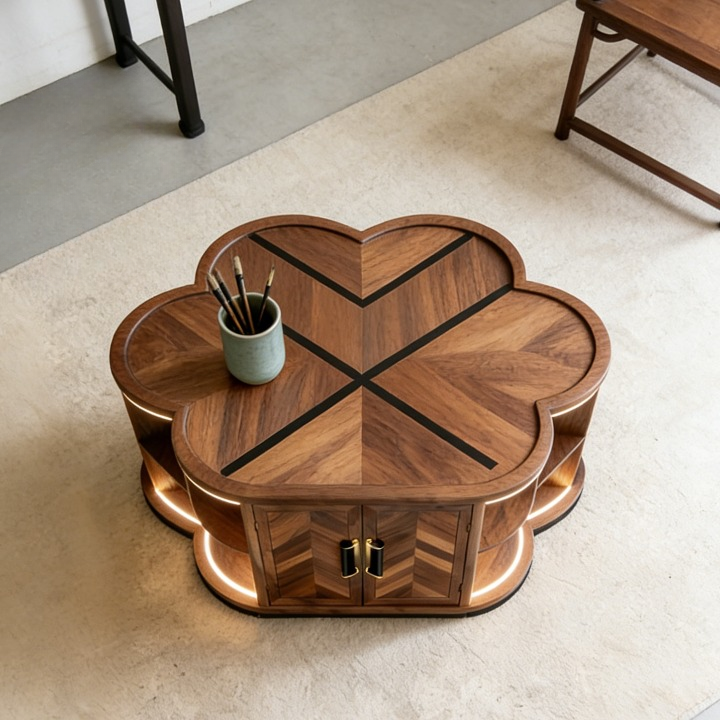 Ash Wood Flower Coffee Table with Storage and Open Shelves
