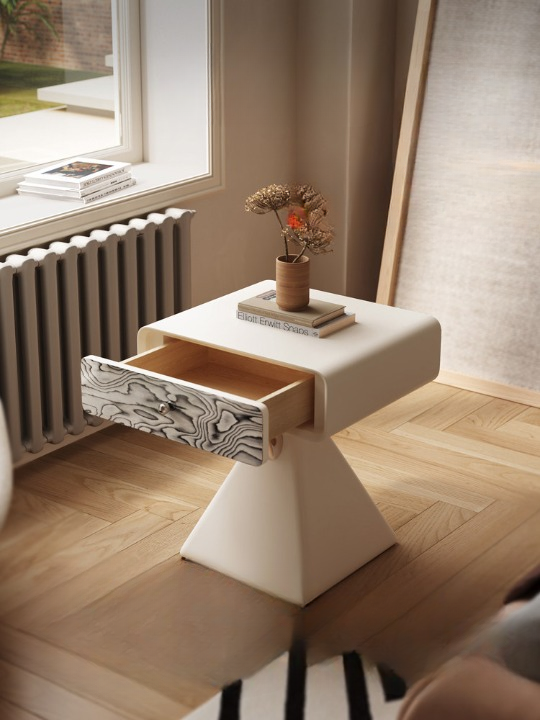 Cream White Sculptural Nightstand, Modern Bedside Table with Drawer and Pyramid Base, Compact Accent Storage Cabinet for Bedroom, Guest Room, Apartment, Dorm, and Small Spaces