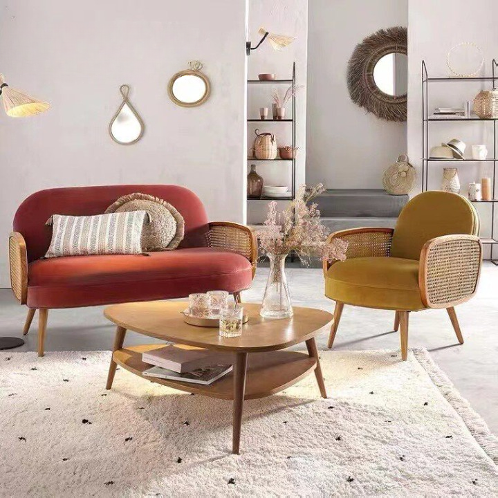 Mustard Yellow Accent Chair with Cane Armrests, Upholstered Single Sofa Chair with Solid Wood Legs, Modern Rattan Lounge Chair for Living Room, Bedroom, Reading Nook, Hotel, Guest Room, and Apartment Decor