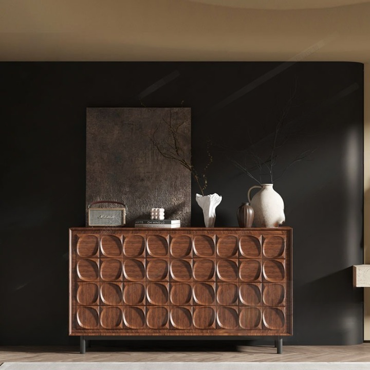 Walnut Finish Sideboard, Geometric 4-Door Storage Cabinet