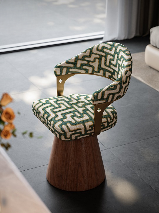 Swivel Vanity Chair with Backrest, Upholstered Jacquard Makeup Stool, Modern Luxury Dressing Chair, Walnut Wood Veneer Accent Chair for Bedroom, Makeup Room, Tea Table, Dining Room and Living Room