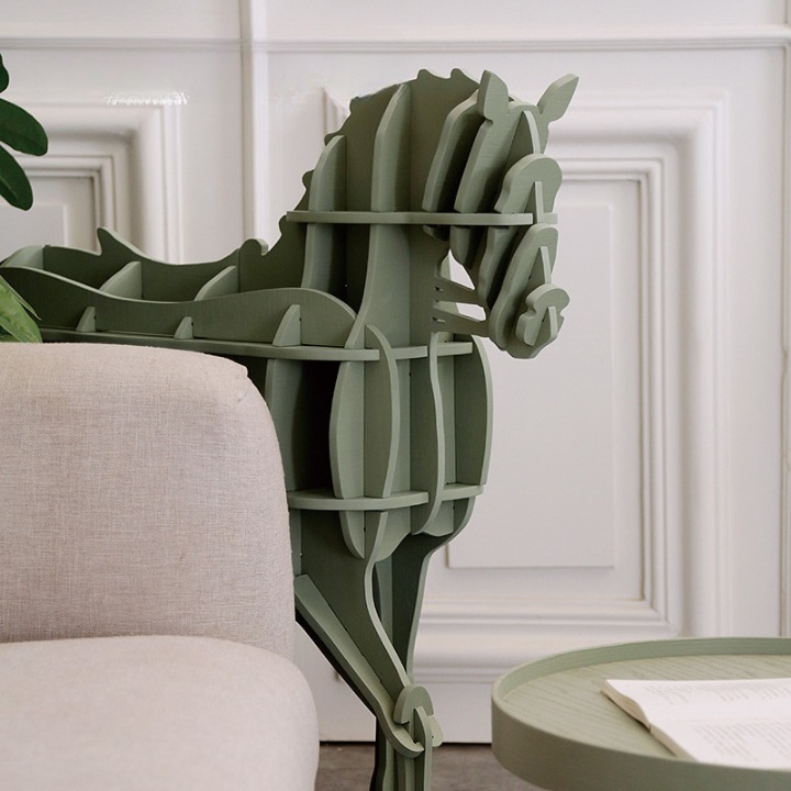 Sage Green Horse Bookcase with Open Display Shelves, 58.7 In Wide