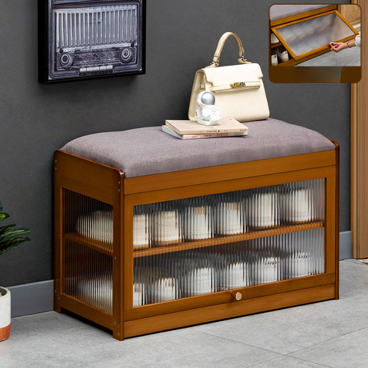 Walnut Shoe Storage Bench with Upholstered Seat and 2 Shelves