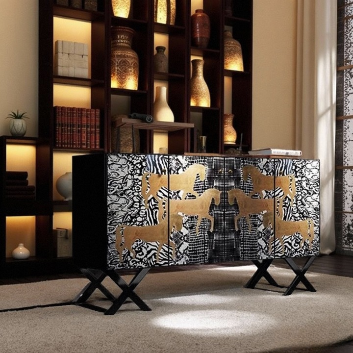 Hand Painted Accent Sideboard Cabinet, 3-Door Buffet Storage Cabinet with Gold Horse Motif and Animal Print Design for Entryway, Living Room, Dining Room